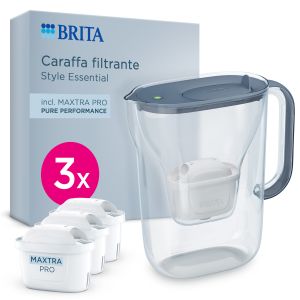 Brita Caraffa filtrante acqua Style Essential Stone Blue (2.4L) incl. 3x filtro MAXTRA PRO PURE PERFORMANCE che riduce cloro, calcare, PFAS e metalli - Adatta alla porta del frigorifero, con indicatore LED