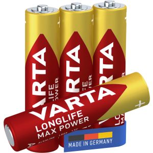 Varta Longlife Max Power, Batteria Alcalina, AAA, Micro, LR03, 1.5V, Blister da 4, Made in Germany