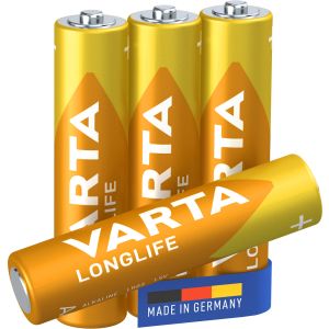 Varta Longlife, Batteria Alcalina, AAA, Micro, LR03, 1.5V, Blister da 4, Made in Germany