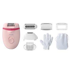 Philips Satinelle Essential Epilatore compatto con cavo rosa con 7 accessori BRE285/00