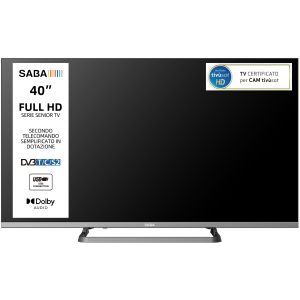 SABA SA40M10 TV 40" FULL HD,Serie Senior, Secondo telecomando semplificato con tasti grandi in dotazione, Triplo tuner DVBT2/C/S2 HEVC MAIN10, Certificato TivuSAT, Piedistallo centrale, Dolby Audio