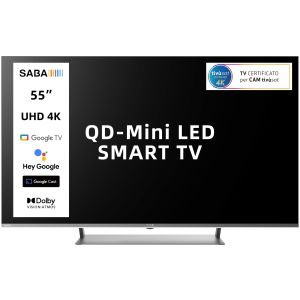 SABA SA55M91GTV SMART TV QD-MiniLED 55" ULTRA HD 4K, GOOGLE TV 5.0, Dolby Vision/Atmos, Triplo tuner DVBT2/C/S2 HEVC MAIN10, Certificato TivuSAT, Piedistallo centrale
