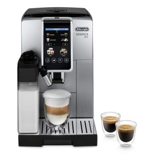De’Longhi Dinamica Plus ECAM380.85.SB, Macchina Automatica per Caffè in Chicchi, Cappuccino al tocco di un tasto con la Caraffa Montalatte Automatica, 24 bevande dirette, Display Touch, Argento/Nero