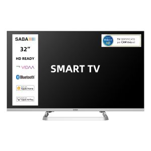 SABA SA32SM10VDA SMART TV 32" HD READY, Sistema operativo VIDAA, Triplo tuner DVBT2/C/S2 HEVC MAIN10, Certificato TivuSAT, Piedistallo centrale, Dolby Audio