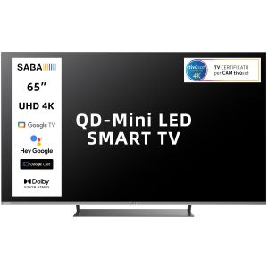 SABA SA65M91GTV SMART TV QD-MiniLED 65" ULTRA HD 4K, GOOGLE TV 5.0, Dolby Vision/Atmos, Triplo tuner DVBT2/C/S2 HEVC MAIN10, Certificato TivuSAT, Piedistallo centrale